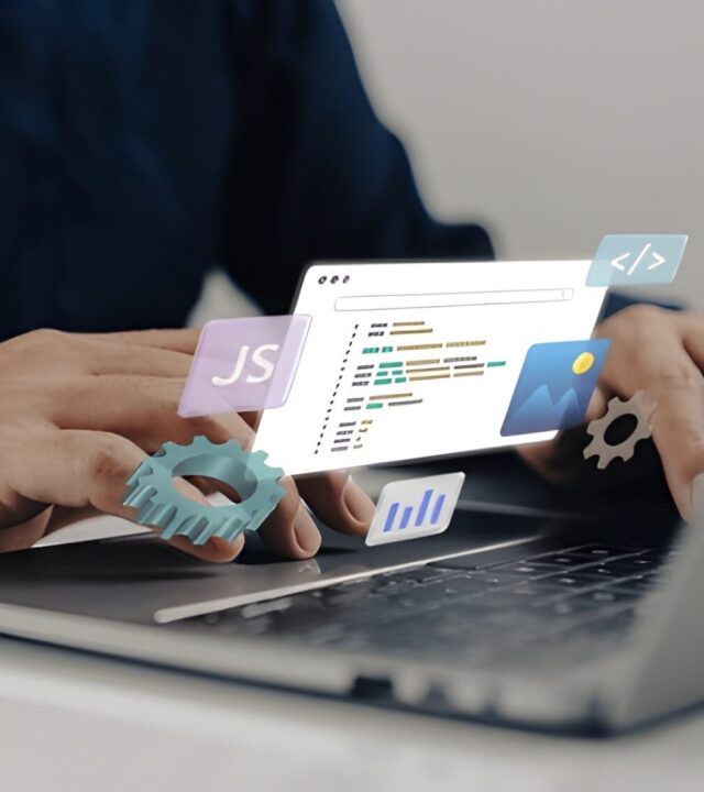 Laptop with digital interface icons showing performance and code tools